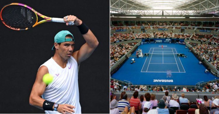 L- Rafael Nadal hitting a forehand; R-Brisbane International venue