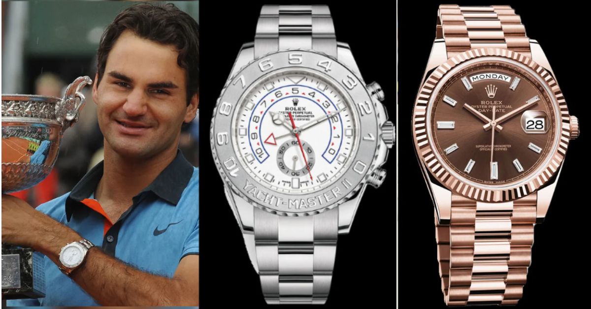 L- Roger Federer at Roland Garros 2009 with Rolex Yacht-Master II; R-At Wimbledon 2012 Rolex Day Date