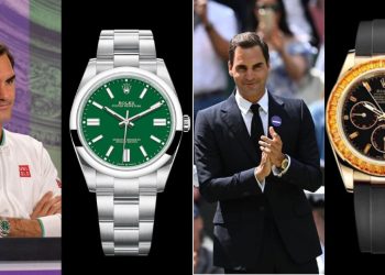 L Roger Federer at Wimbledon 2021 with his Rolex OP Green; R- At Wimbledon 2022 guest appearance donning Rolex Daytona
