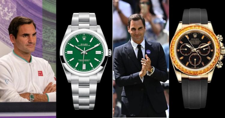 L Roger Federer at Wimbledon 2021 with his Rolex OP Green; R- At Wimbledon 2022 guest appearance donning Rolex Daytona