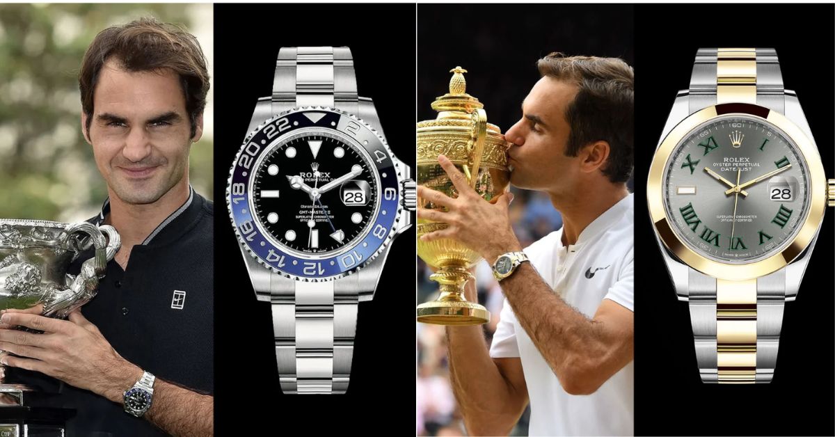 L- Roger Federer with his Australia Open 2017 watch, Rolex ‘Batman; R- at Wimbledon 2017 with Rolex ‘Wimbledon