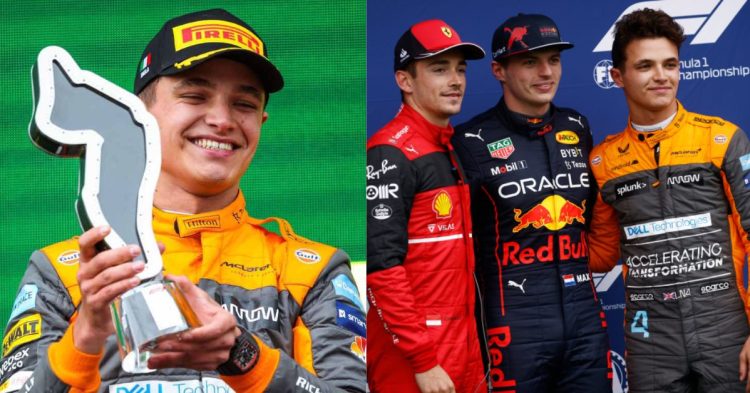 Lando Norris (left), Norris with Charles Leclerc and Max Verstappen (right) (Credits- PlanetF1, WWD)