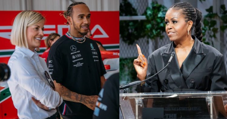 Lewis Hamilton with Susie Wolff (left), Michelle Obama (right) (Credits- Twitter, The Wall Street Journal)