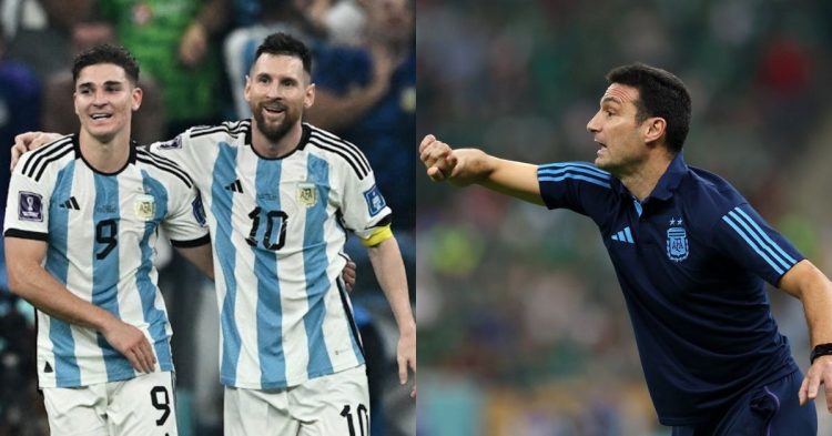 Lionel Messi, Julian Alvarez and Lionel Scaloni