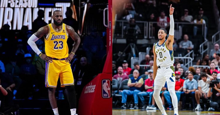 Los Angeles Lakers' LeBron James and Indiana Pacers' Tyrese Haliburton