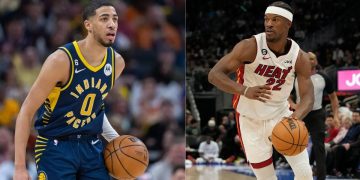 Miami Heat's Jimmy Butler and Indiana Pacers' Tyrese Haliburton