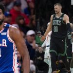 Philadelphia 76ers' Joel Embiid and Boston Celtics' Kristaps Porzingis and Jaylen Brown
