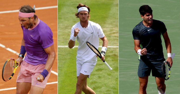 Rafael Nadal, Andrey Rublev and Carlos Alcaraz. (Credits- Gregorio Borgia/AP, X)