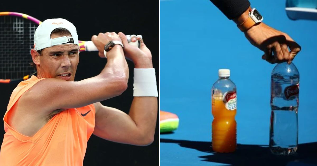 Rafael Nadal placing his energy drink and water bottle 