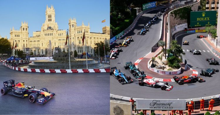 Red Bull showrun at Madrid left F1 Monaco Grand Prix right Credits Salracing PlanetF1