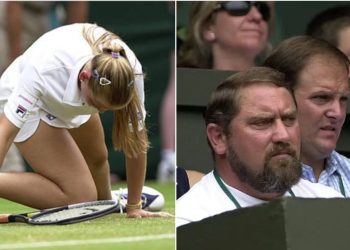 The former world no. 4 falls during her Wimbledon 2000 semifinal match, as her father looks on