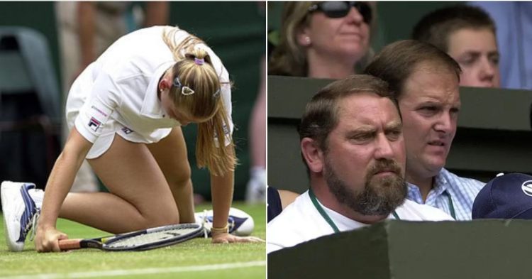 The former world no. 4 falls during her Wimbledon 2000 semifinal match, as her father looks on